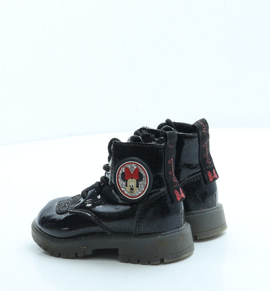 Primark Girls Black Leather Combat Boot UK 6 20 - Minnie Mouse