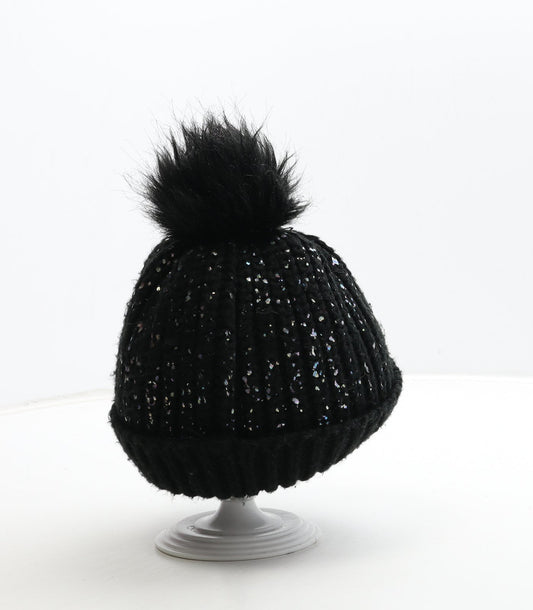 F&F Girls Black Acrylic Bobble Hat Size S