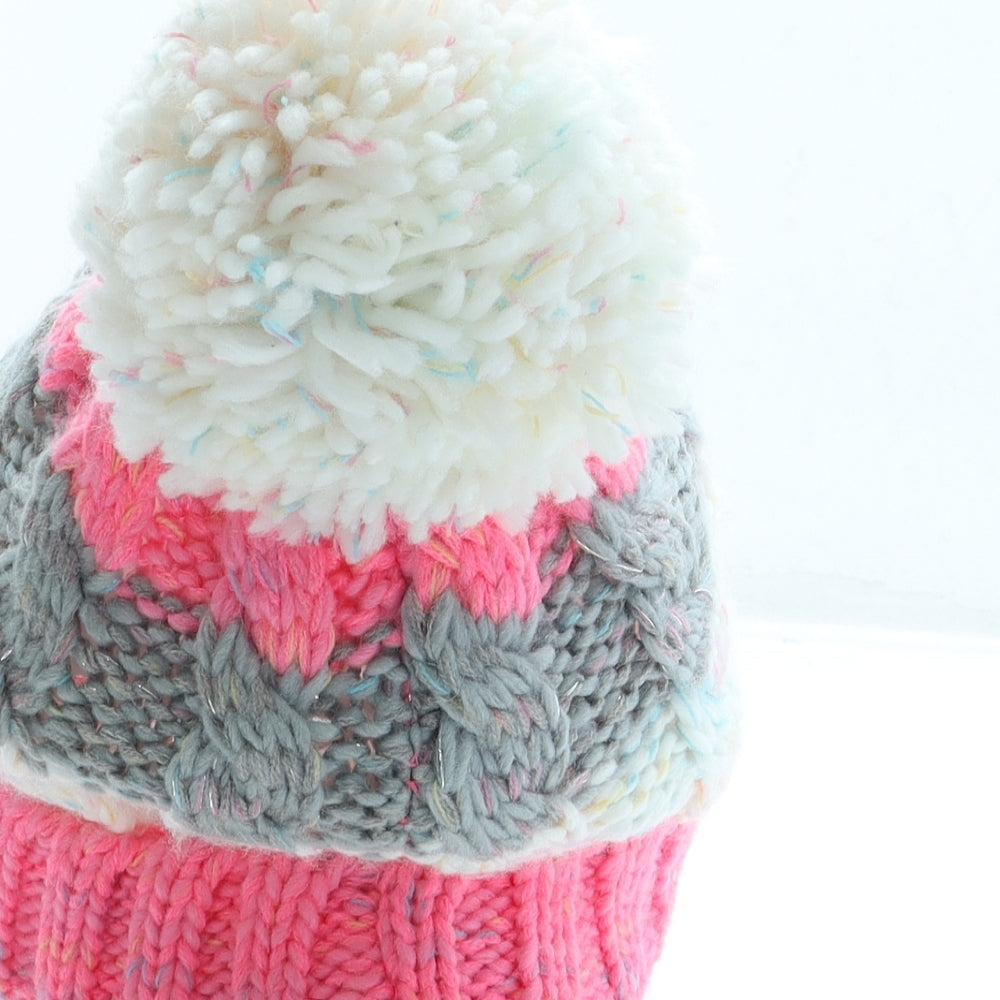 F&F Girls Pink Striped Acrylic Bobble Hat One Size