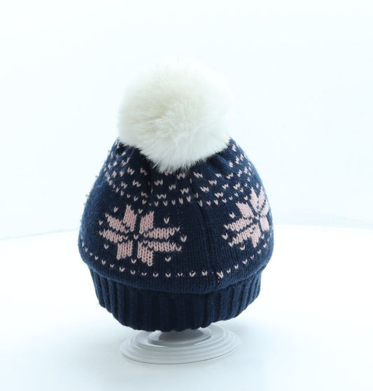 Primark Girls Blue Fair Isle Acrylic Bobble Hat Size M - Pom Pom