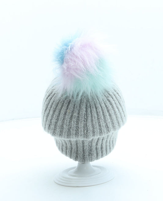 F&F Girls Grey Acrylic Bobble Hat One Size - Pom Pom