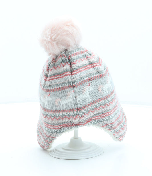 George Girls Grey Fair Isle Acrylic Bonnet One Size - Pom Pom
