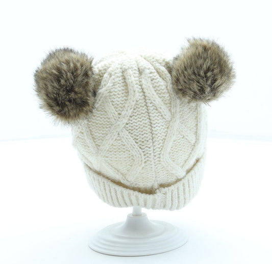 F&F Girls Beige Acrylic Bobble Hat One Size - Unisex