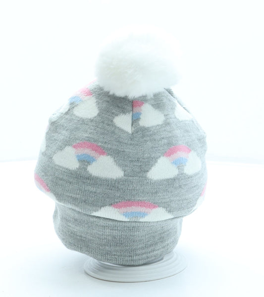 Primark Girls Grey Geometric Acrylic Bobble Hat One Size - Rainbow