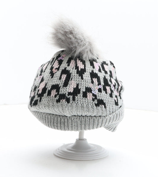 Preworn Girls Grey Animal Print Acetate Bobble Hat One Size