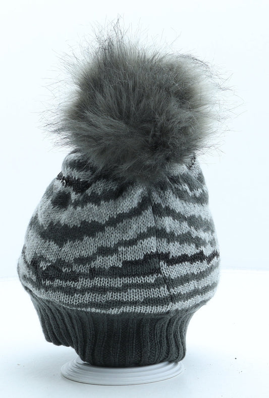 George Girls Grey Animal Print Acrylic Bobble Hat One Size - Zebra