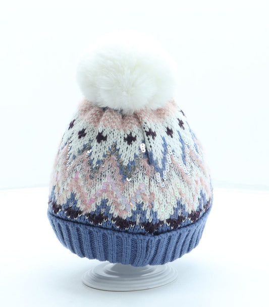 George Girls Blue Geometric Acrylic Bobble Hat One Size - Pom Pom