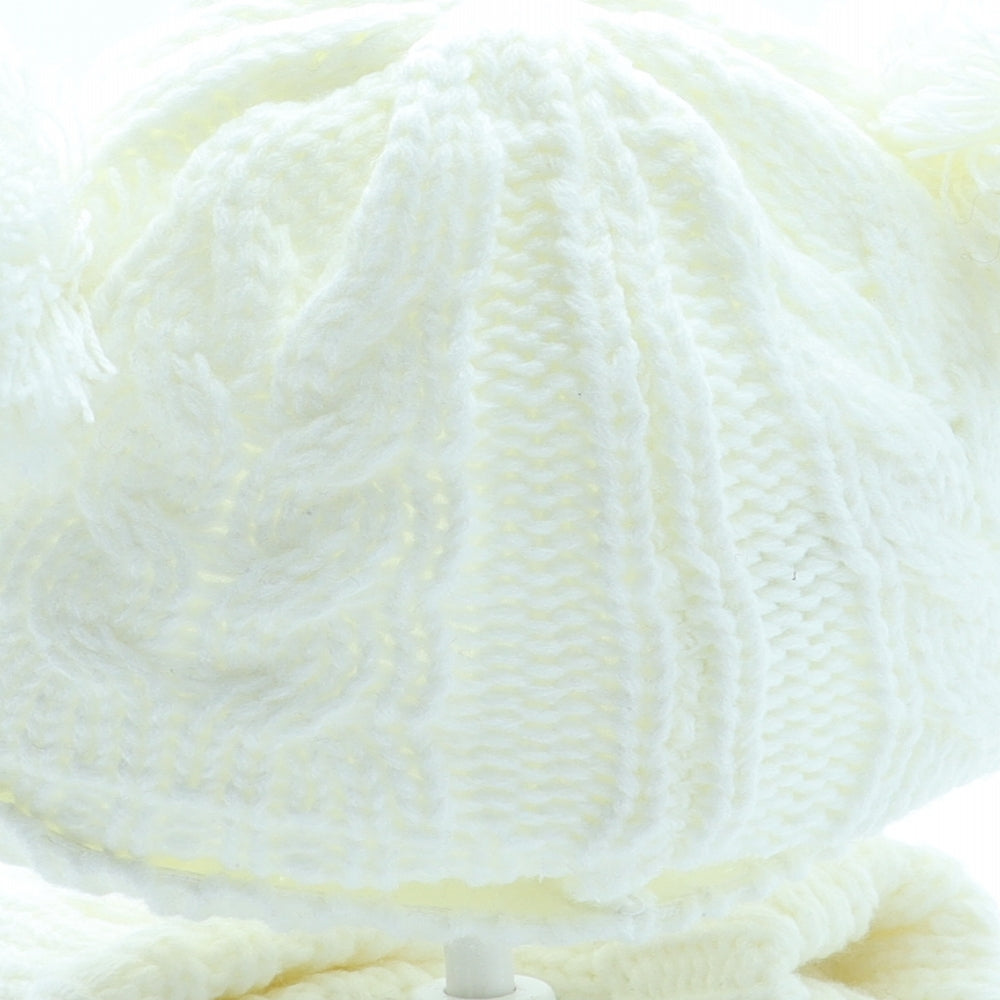F&F Girls Ivory Acrylic Bobble Hat One Size - Mittens included