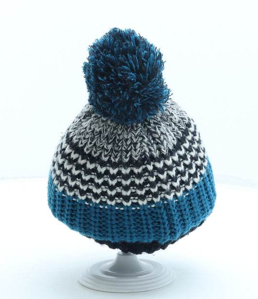 F&F Boys Blue Striped Acrylic Bobble Hat One Size - Pom Pom