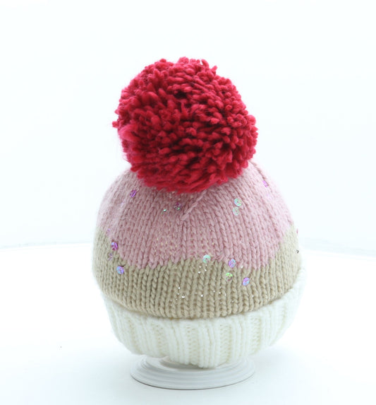 F&F Girls Pink Colourblock Acrylic Bobble Hat One Size - Pom Pom