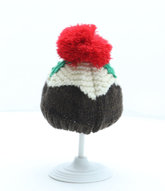 F&F Girls Brown Colourblock Acrylic Bobble Hat One Size - Christmas Pudding