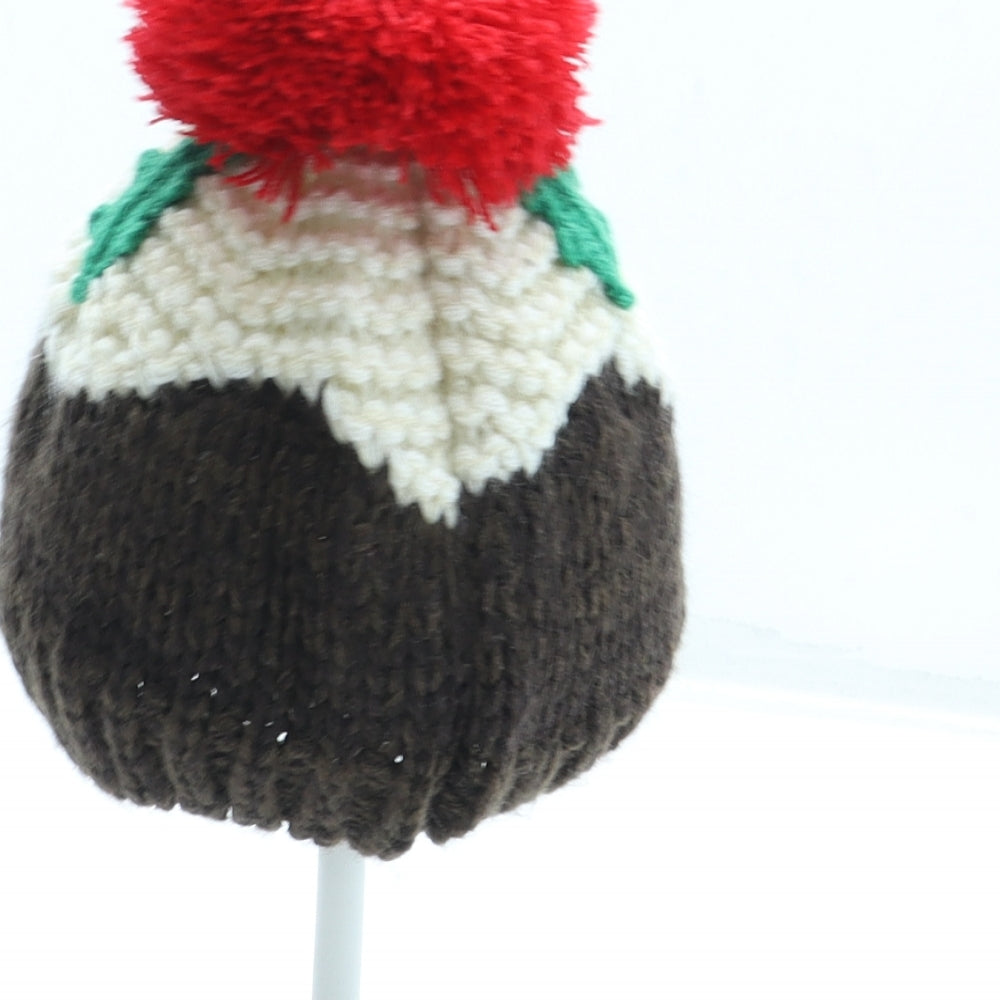 F&F Girls Brown Colourblock Acrylic Bobble Hat One Size - Christmas Pudding