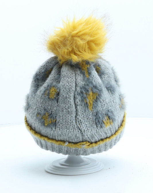 George Girls Grey Animal Print Acrylic Bobble Hat One Size - Leopard print