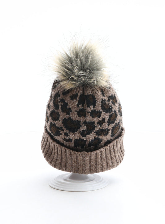 F&F Girls Brown Animal Print Polyester Bobble Hat One Size - Leopard print