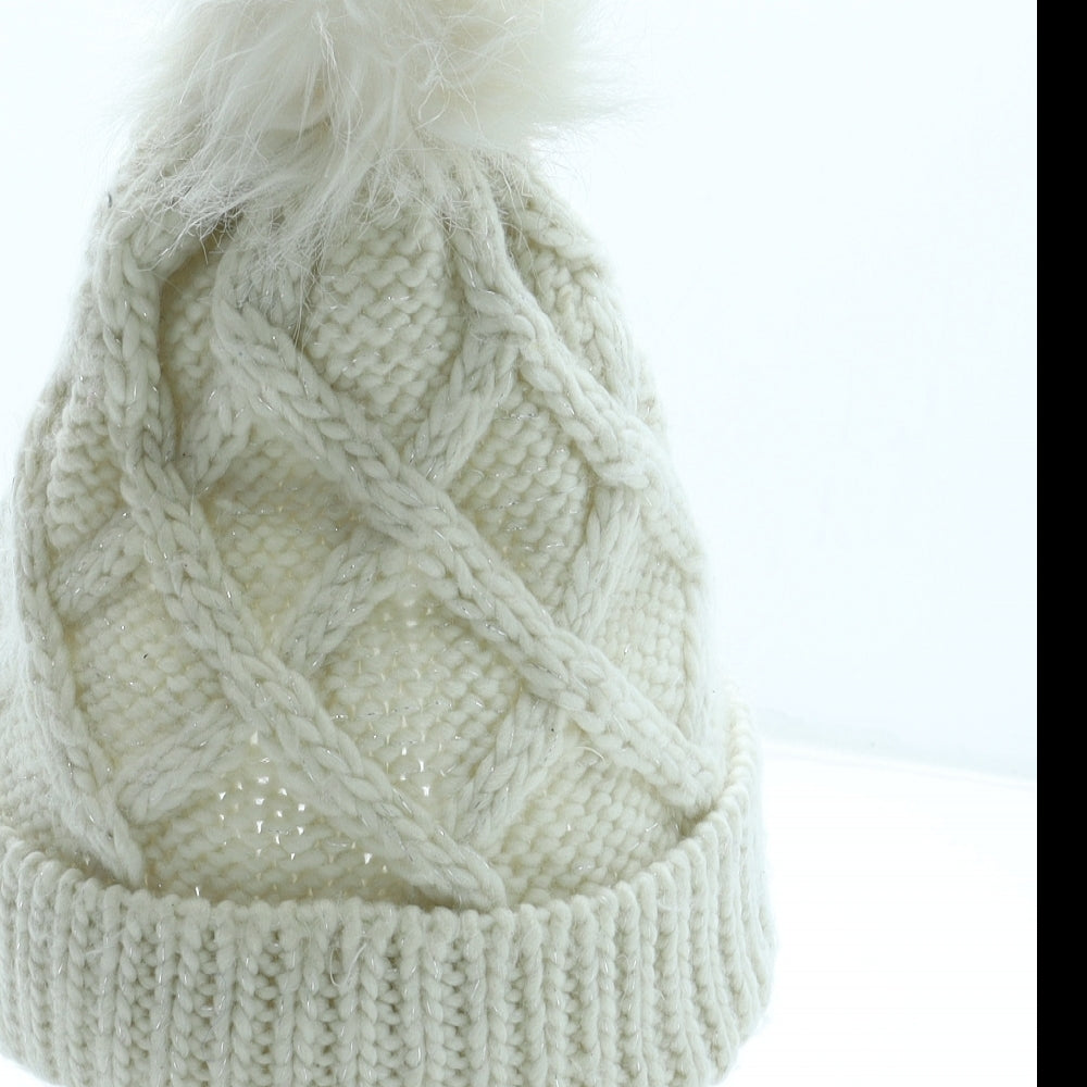 F&F Girls Ivory Acrylic Bobble Hat Size S - Faux fur