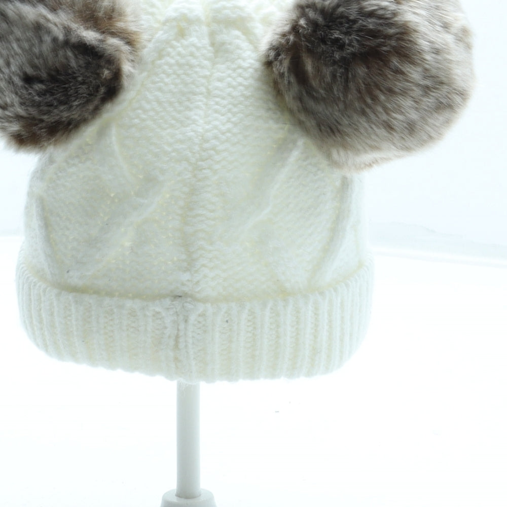 F&F Girls White Acrylic Bobble Hat One Size - Faux Fur