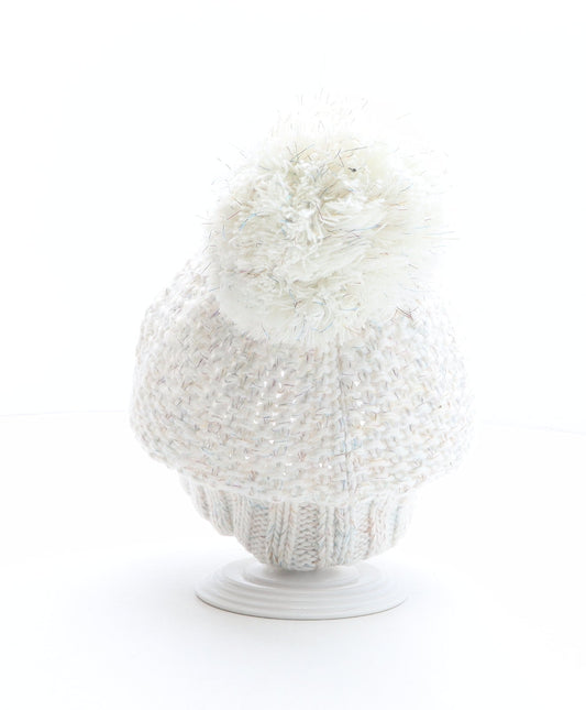 George Girls White Acrylic Bobble Hat One Size - Rainbow detail