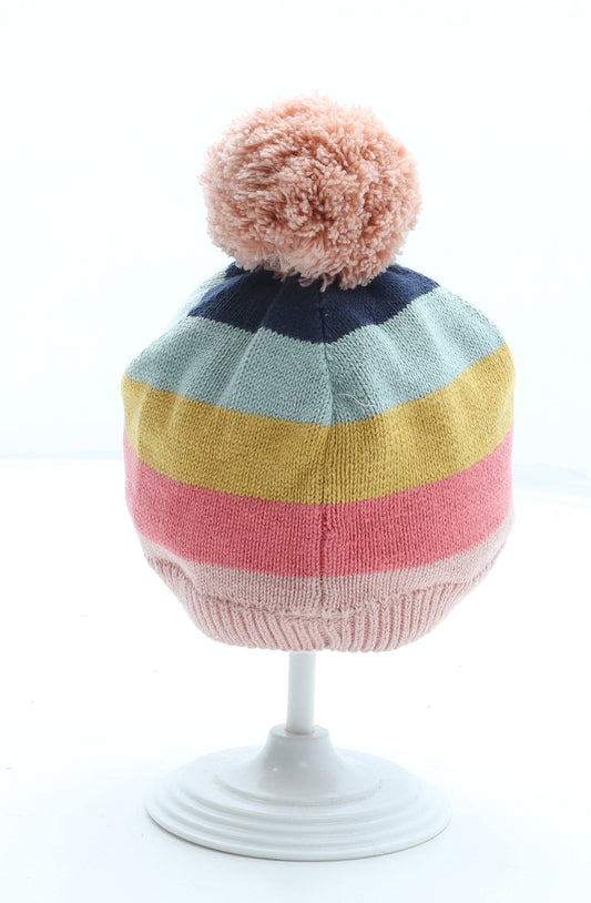 F&F Girls Multicoloured Striped 100% Cotton Bobble Hat One Size - Size 9-12 Months