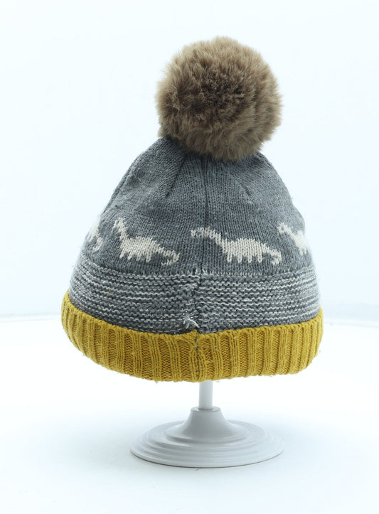George Boys Grey Geometric Acrylic Bobble Hat Size S - Dinosaur Pattern Size 6-12 Months