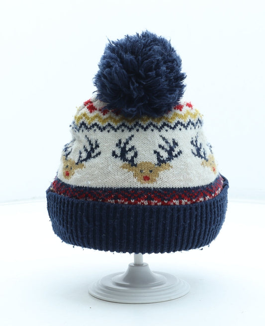 F&F Boys Multicoloured Fair Isle Acrylic Bobble Hat Size S - Reindeer Pattern Size 7-10 Years