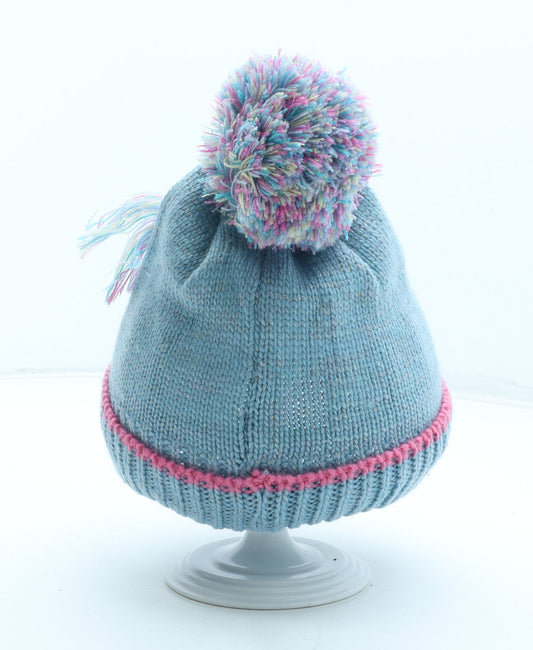 Preworn Girls Blue Acrylic Bobble Hat Size S - Unicorn Detail
