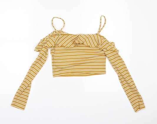 FOREVER 21 Womens Yellow Striped Cropped T-Shirt Size S