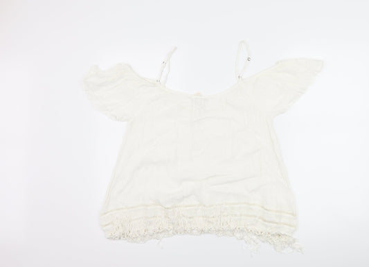 FOREVER 21 Womens Ivory Basic T-Shirt Size L - Cut Out Shoulder