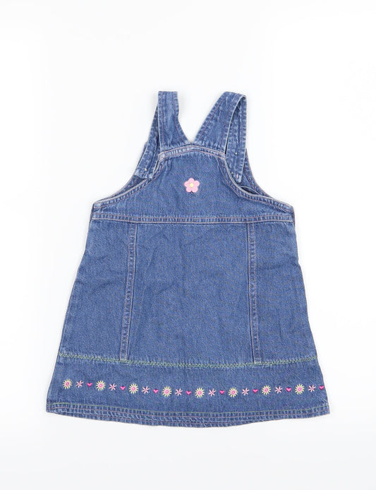 BHS Girls Blue Floral Denim Pinafore/Dungaree Dress Size 12-18 Months