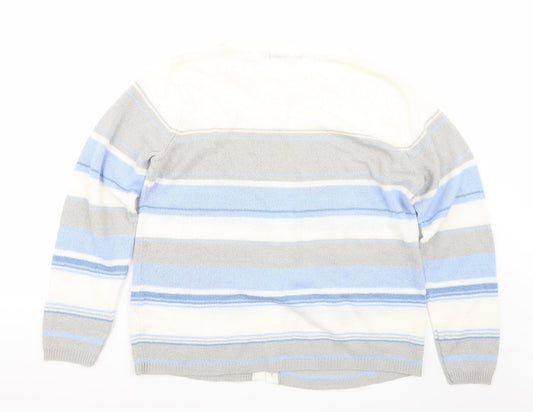 BM Womens White Striped Cardigan Jumper Size M
