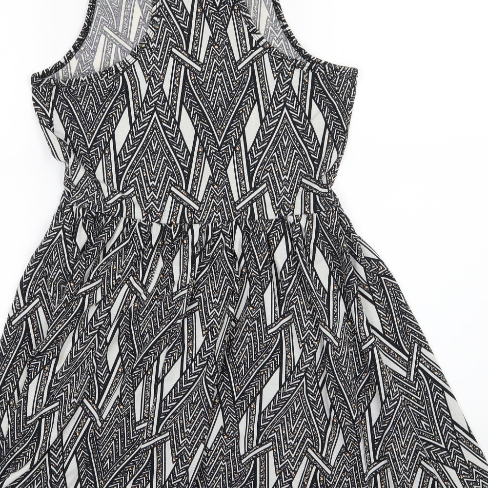 Brand and care label for River Island women’s grey striped jersey skater dress, size UK 10