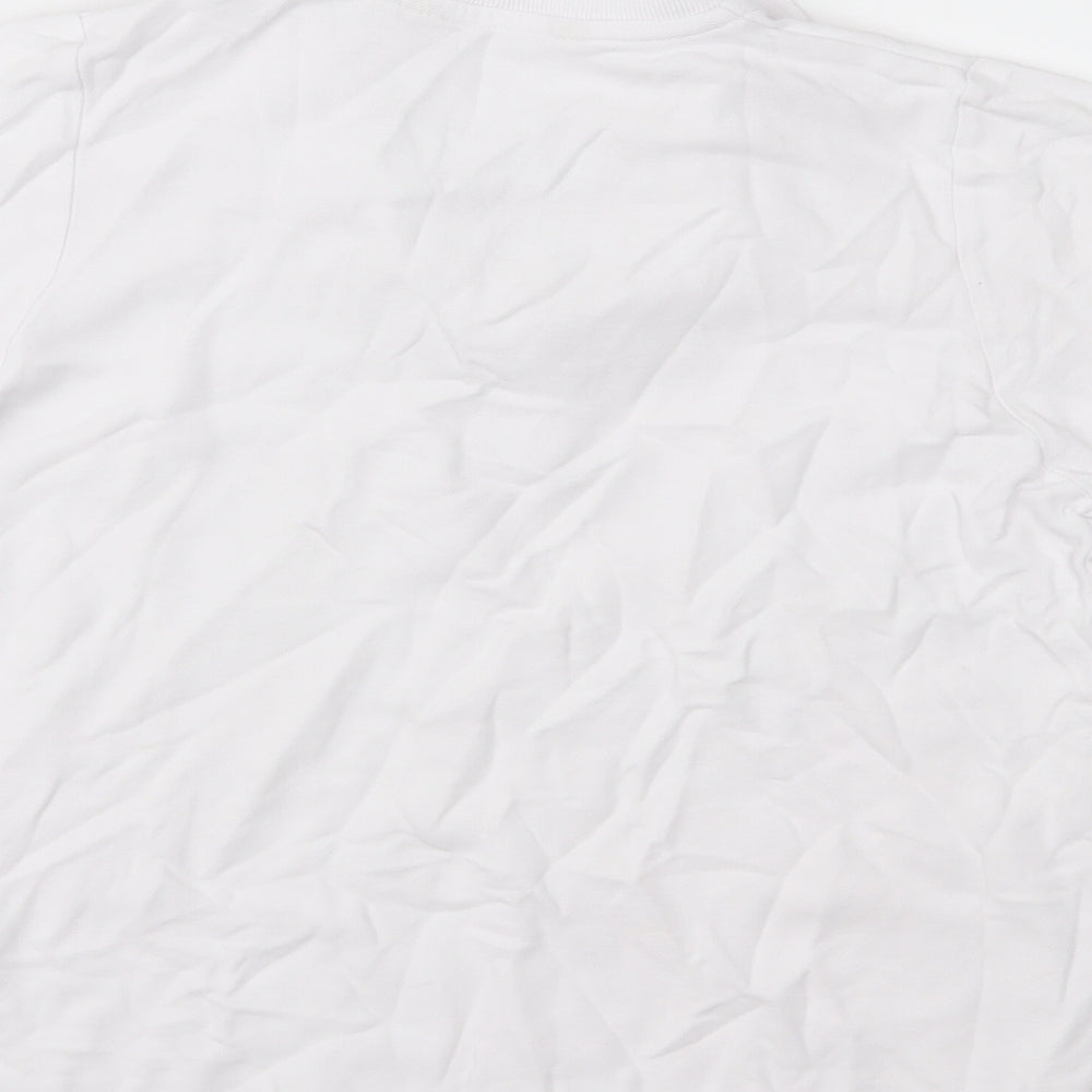 Brand and care label for EWM women’s white basic polo, size S