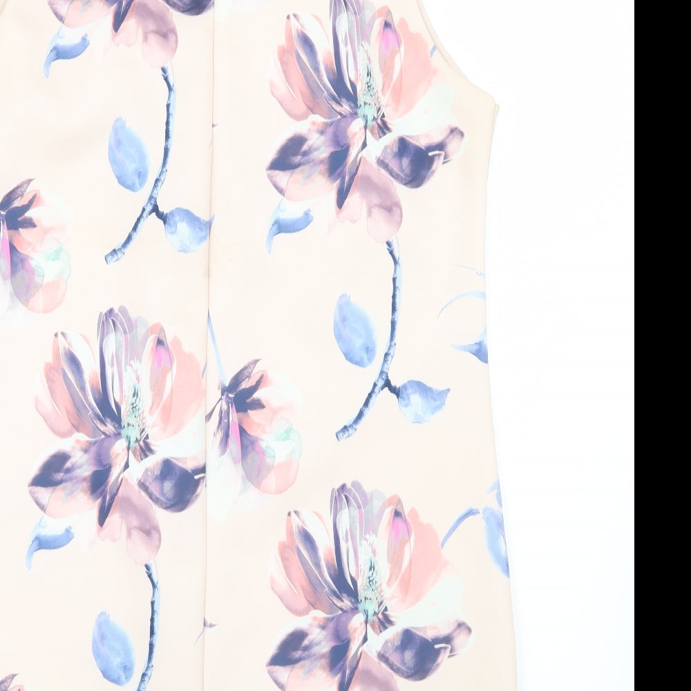 Brand and care label for ASOS women’s blue floral shirt dress, size UK 14