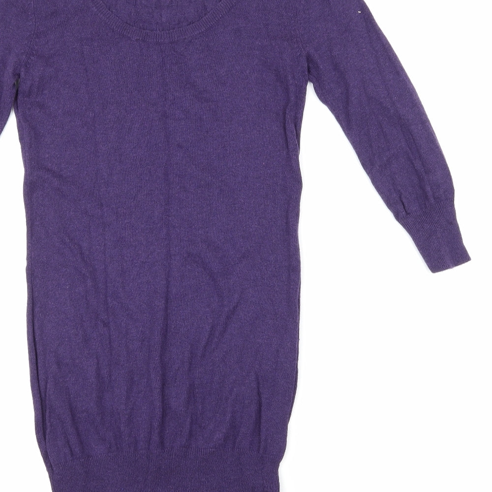 Brand and care label for Dorothy Perkins women’s purple knit jumper dress, size UK 8