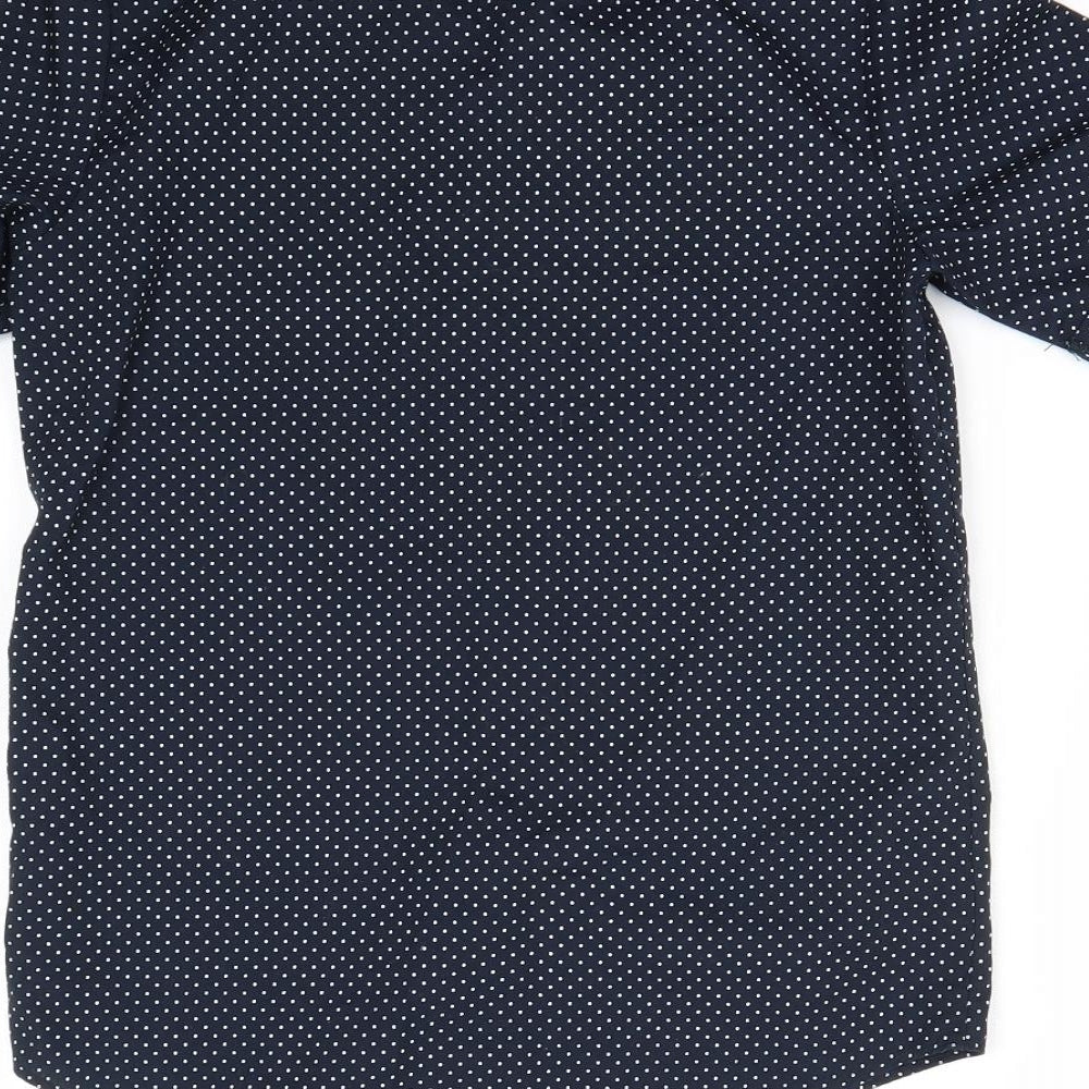 Brand and care label for H&M boys’ blue polka dot basic button-up, size 8-9, years