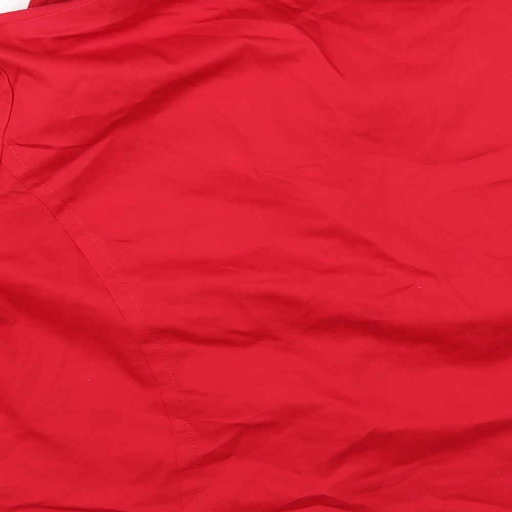 Brand and care label for Agenda women’s red denim jacket, size UK 24