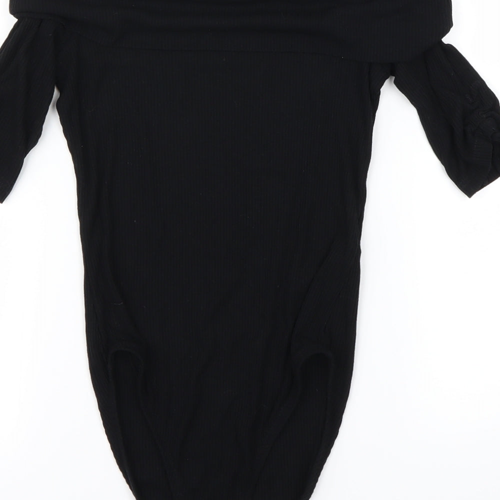 Brand and care label for Topshop women’s black bodysuit one-piece, size UK 8