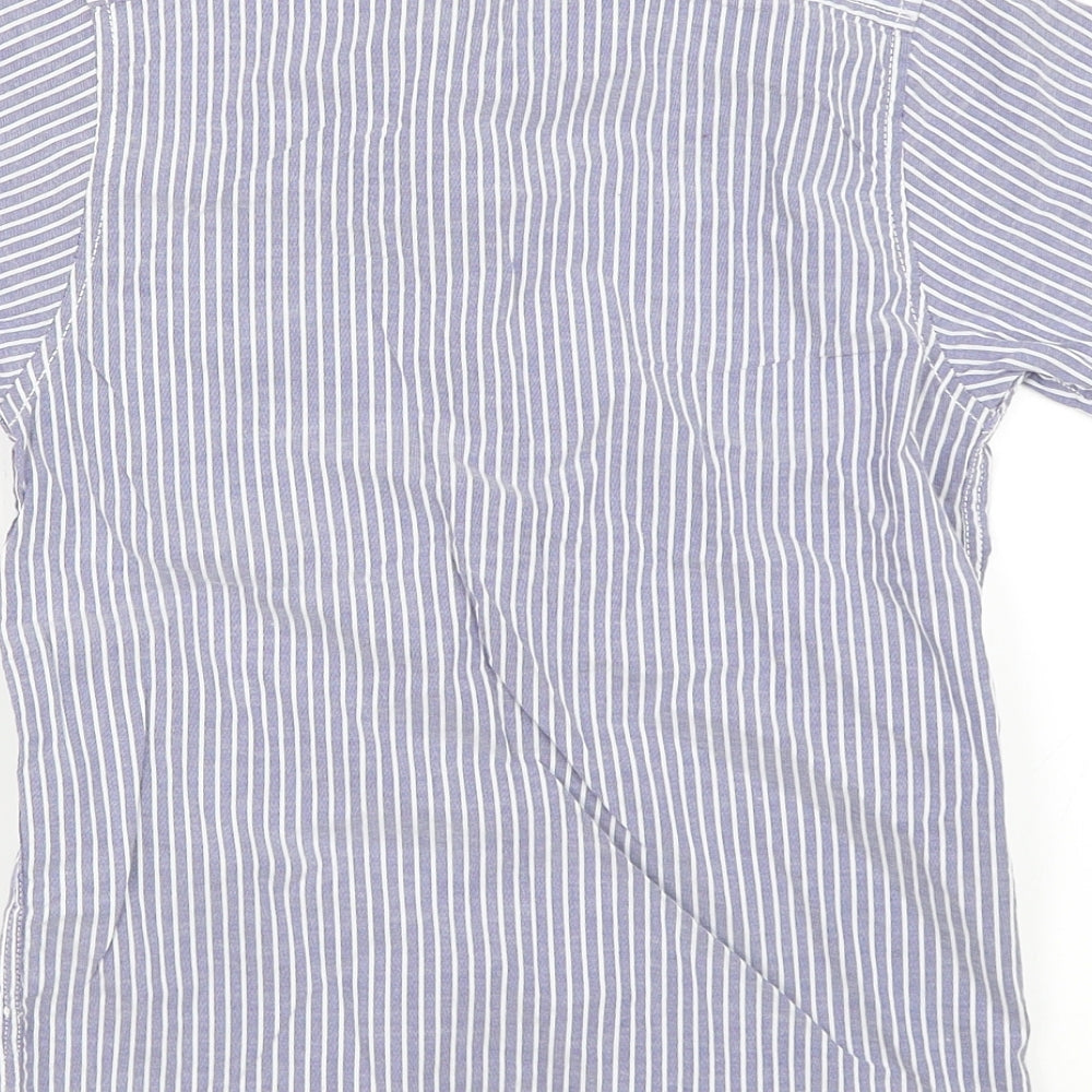 Brand and care label for Rebel boys’ blue striped basic button-up, size 9-10, years