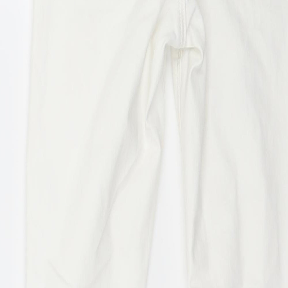 Brand and care label for Topshop women’s white denim skinny jeans, size UK 28, in, 32.5-inch leg