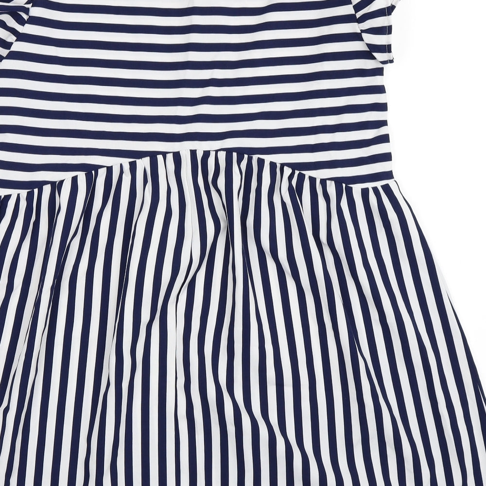 Brand and care label for SHEIN women’s blue striped skater dress, size M