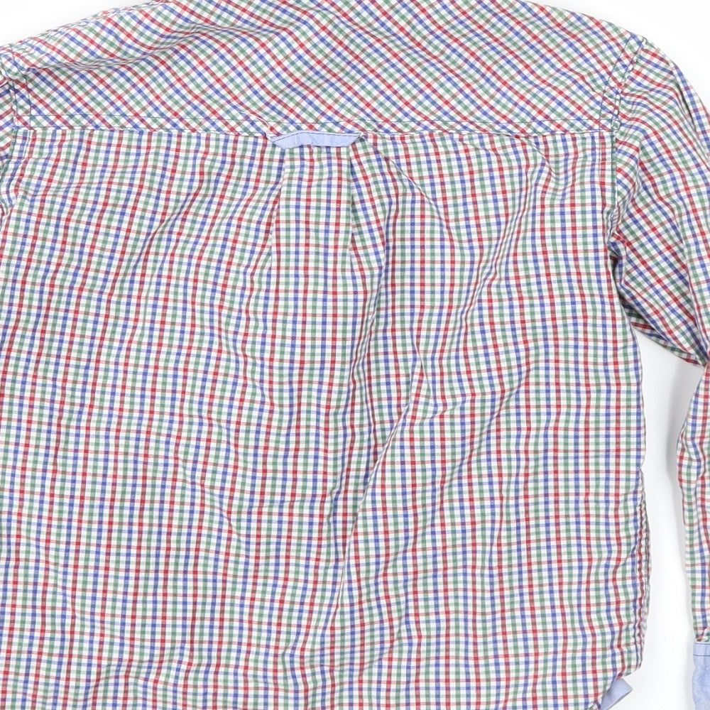 Brand and care label for John Lewis boys’ blue plaid basic button-up, size 6, years
