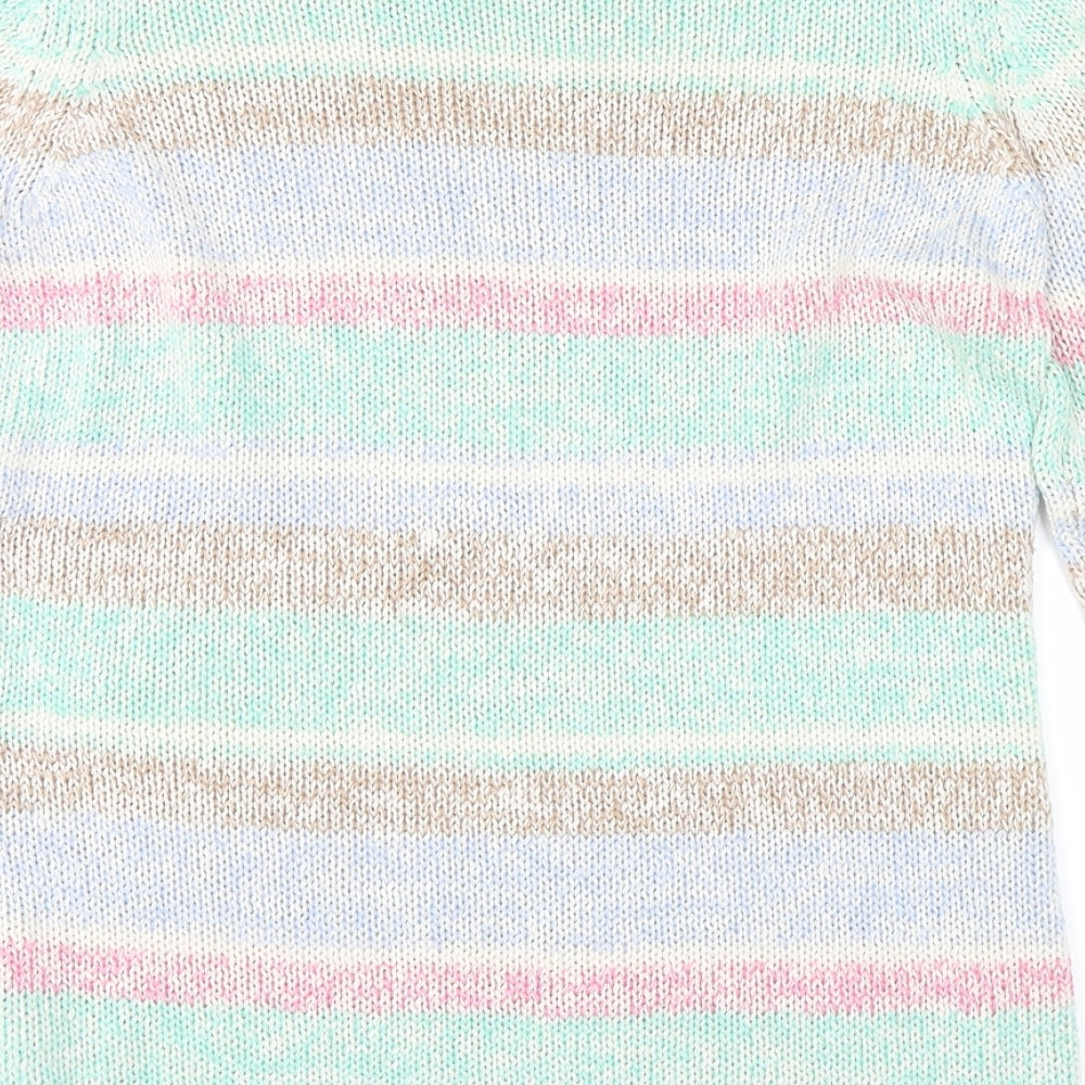 Brand and care label for Vintage women’s multicoloured striped jumper, size UK 16