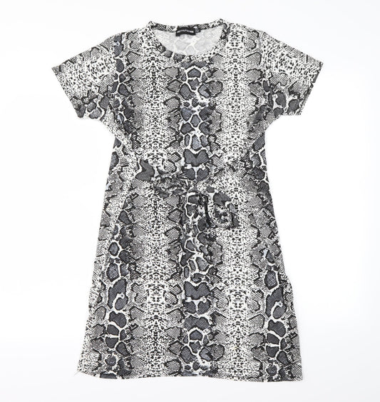 Additional front view of PRETTYLITTLETHING women’s white animal print mini, size UK 8