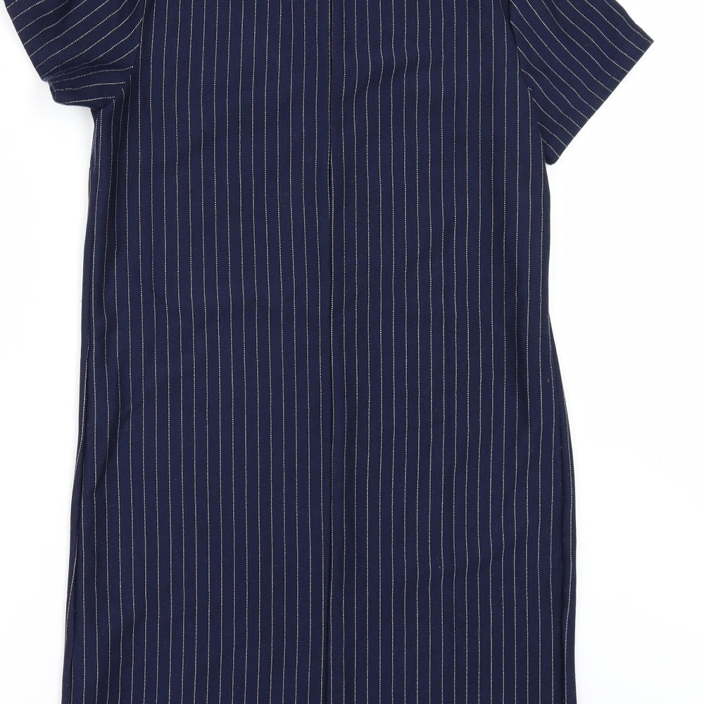 Brand and care label for Primark women’s blue striped t-shirt dress, size UK 4