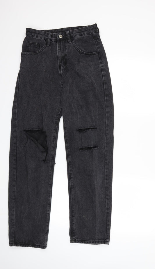 Additional front view of SHEIN women’s black denim straight jeans, size XS, 30-inch leg
