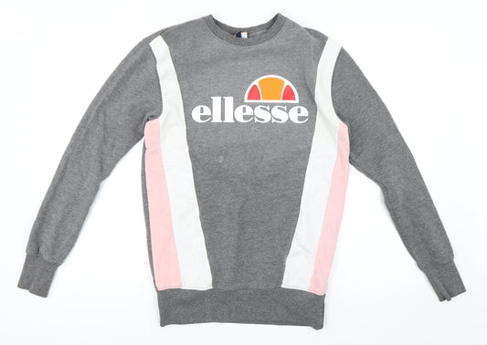 Additional front view of Ellesse women’s grey striped pullover sweatshirt, size UK 8