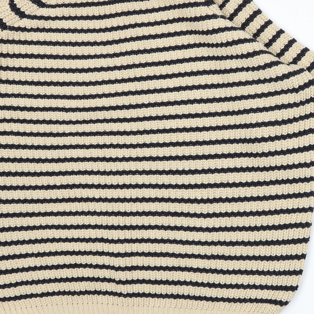 Brand and care label for River Island women’s beige striped knit jumper, size UK 6