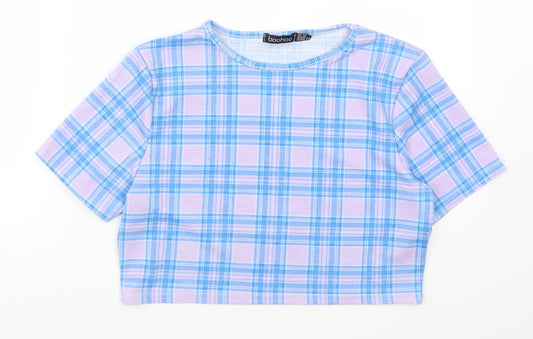 Boohoo Womens Purple Check Cropped T-Shirt Size 14