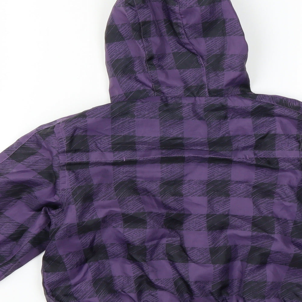 Brand and care label for Adams boys’ purple check jacket, size 5, years