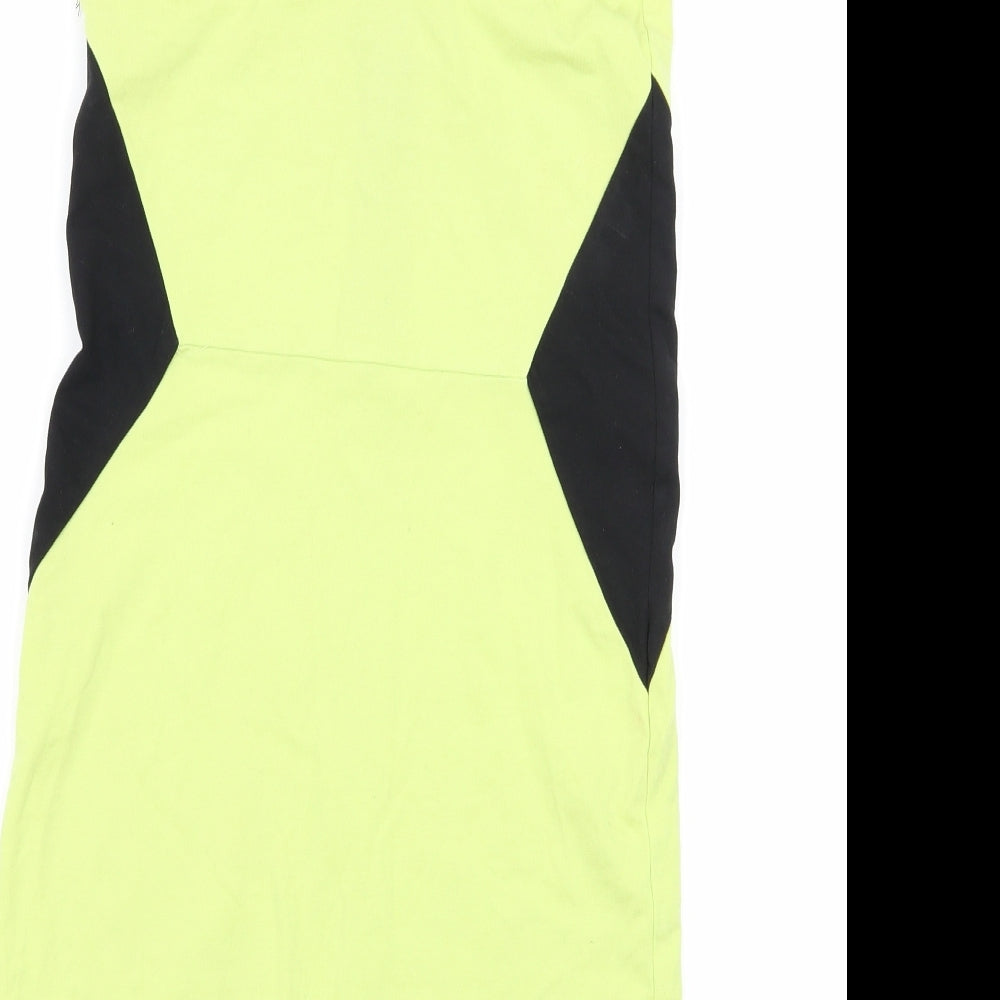 Brand and care label for Divided by H&M women’s green jersey bodycon, size UK 10