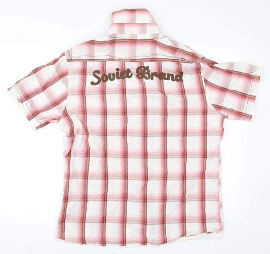 Soviet Mens White Check Button-Up Size L